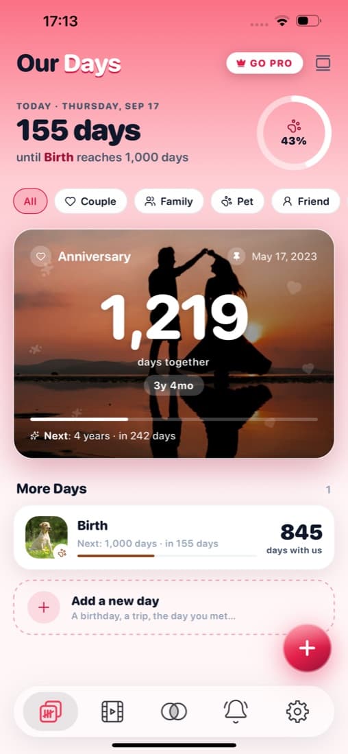 Our Days home screen with a 1,219 day anniversary counter