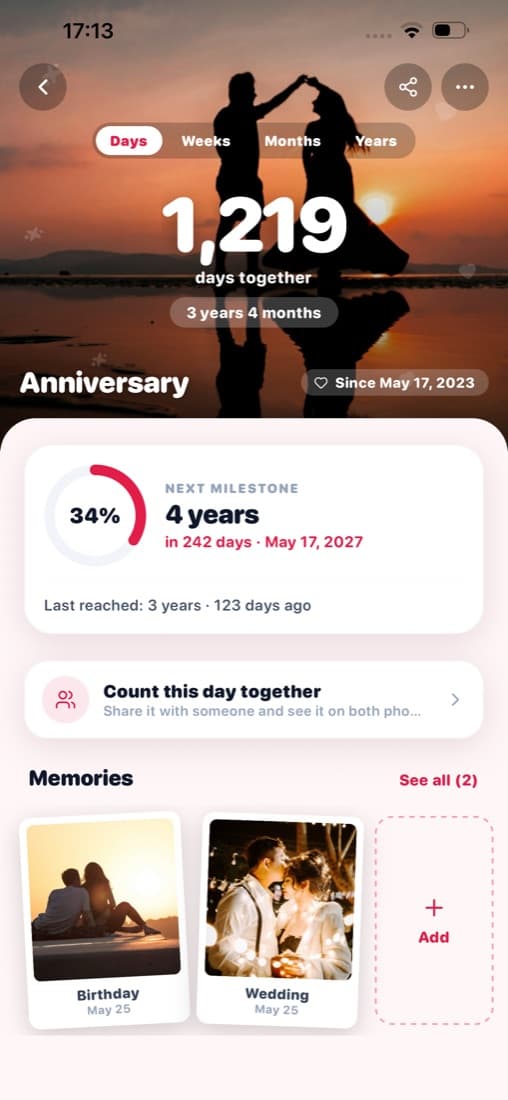 Counter detail with the next milestone and a memories album