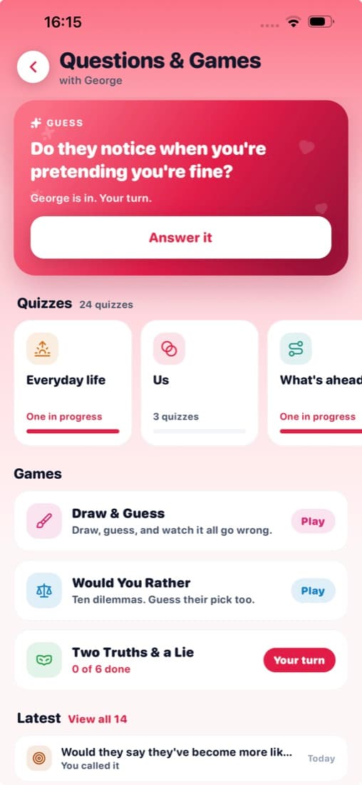 Questions and games with today's card, quizzes and three games